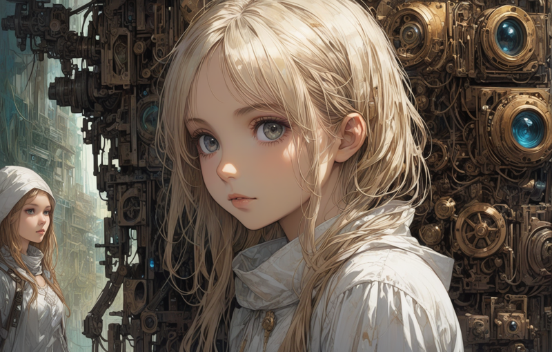 31073020-4145354450-woman, fine white clothes, curiosity. Cute, shy, expressive eyes, full body shot, dark eyes, ancient mechanical devices in the b.png